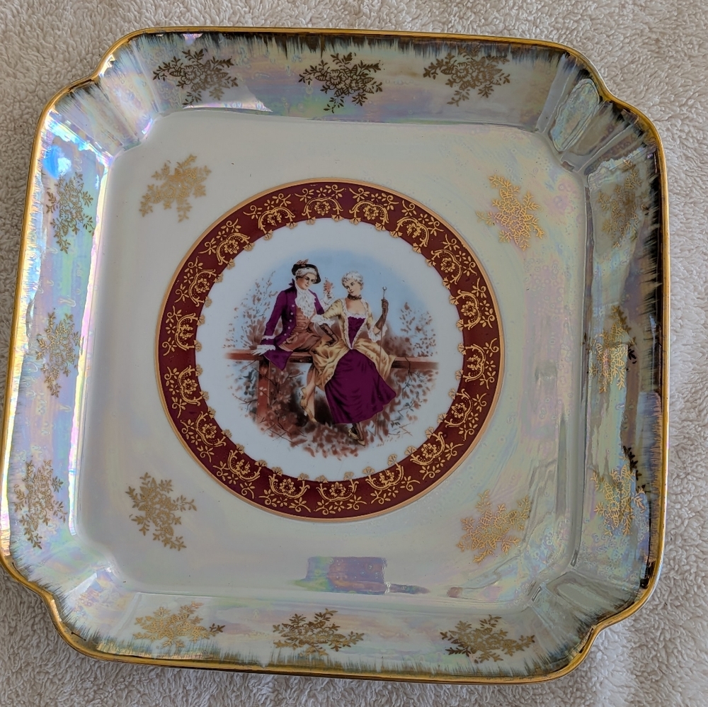MTK Tohki Lustreware Platter, Vintage Japan Porcelain, Iridescent Gold Trim Dish